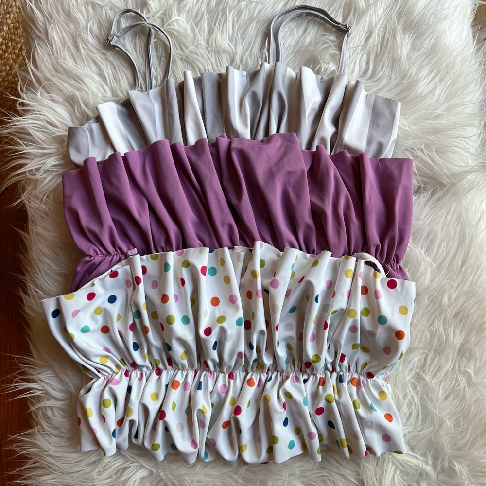 3 Kortni Jeane Oversized Ruffle Swim Tops Polka Dot Purple Gray Stripe Bikinis